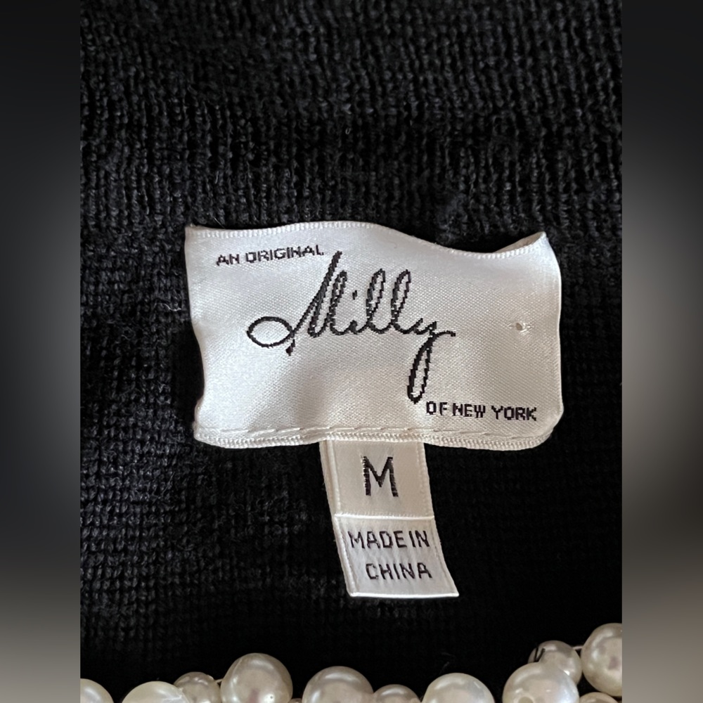 MILLY Women's Black Knit Pearl Trim Dress sz M - Picture 4 of 12